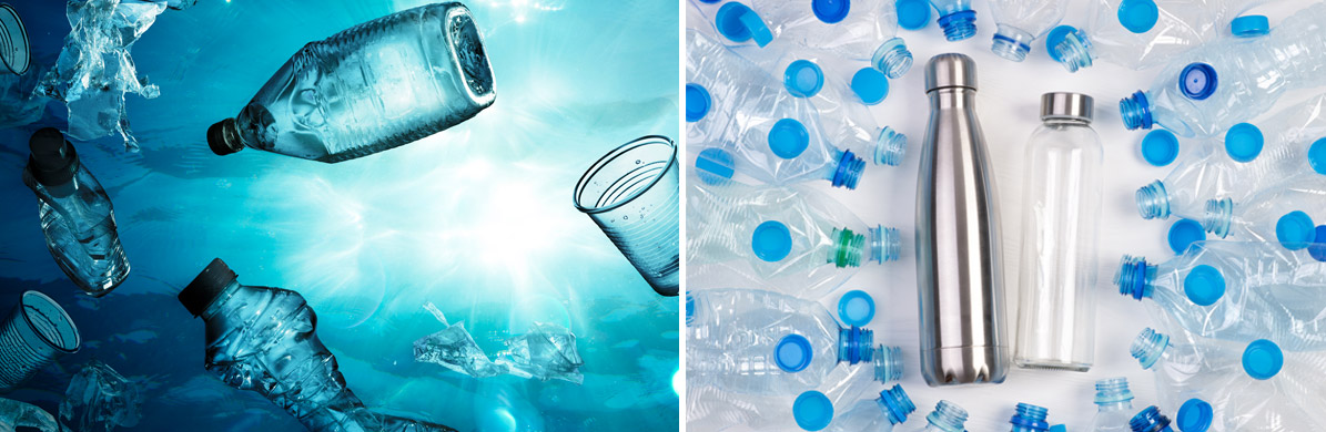 Rieger Metallveredlung Blog – Aluminum instead of plastic - Ocean polluted by plastic, next to an aluminum bottle between plastic products